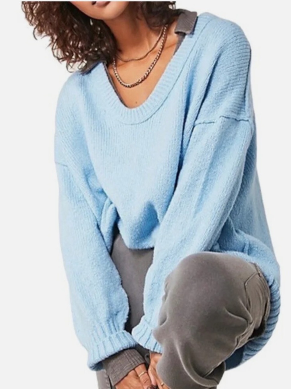 NWT Free People Womens Sweater Starlight Blue Brookside Tunic Sweater size Lrg